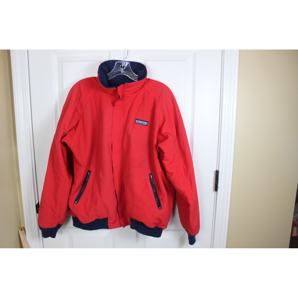 Lands End Squall Jacket Mens Red Navy Blue Fleece Lined Windbreaker Bomber L